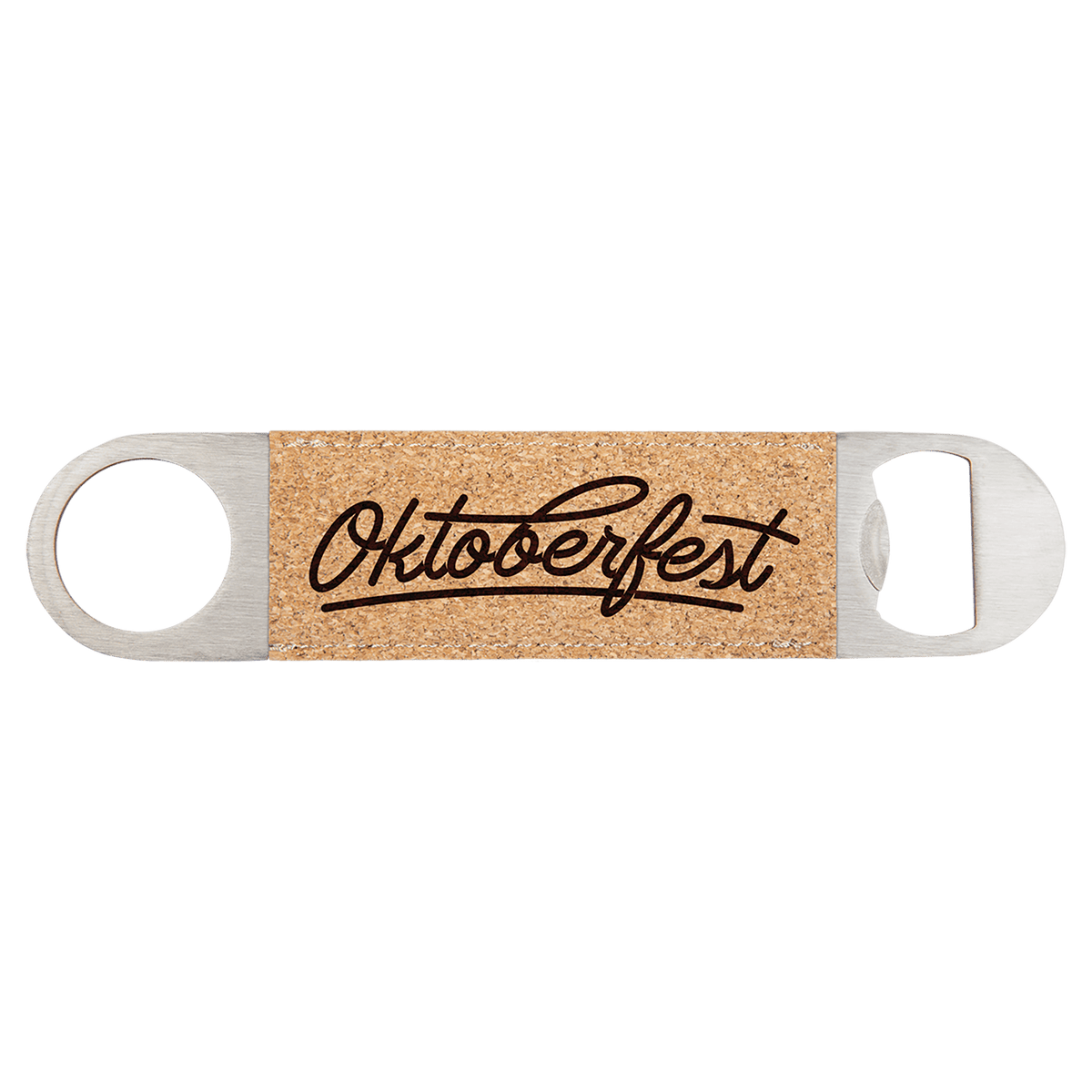 Custom engraved cork speed opener with 'Oktoberfest' text on a white background