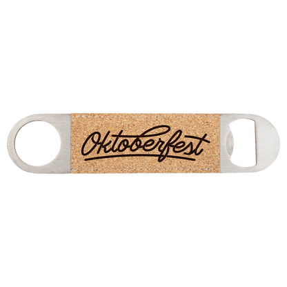 Custom engraved cork speed opener with 'Oktoberfest' text on a white background
