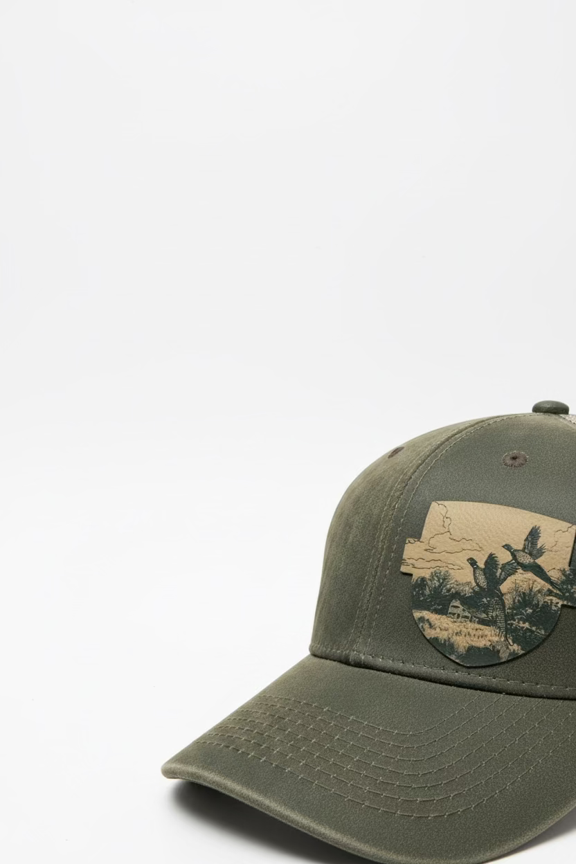 A dark sage green trucker cap with a custom shield-shaped patch laser engraved with a pheasant hunting scene with an old farmhouse in the background.