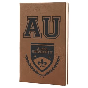 Custom laser-engraved Dark Brown leatherette journal featuring the AU (Albee University) logo for a professional, personalized look.