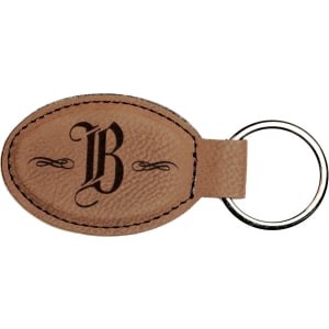 Brown leatherette keychain with monogram 'B' on a white background