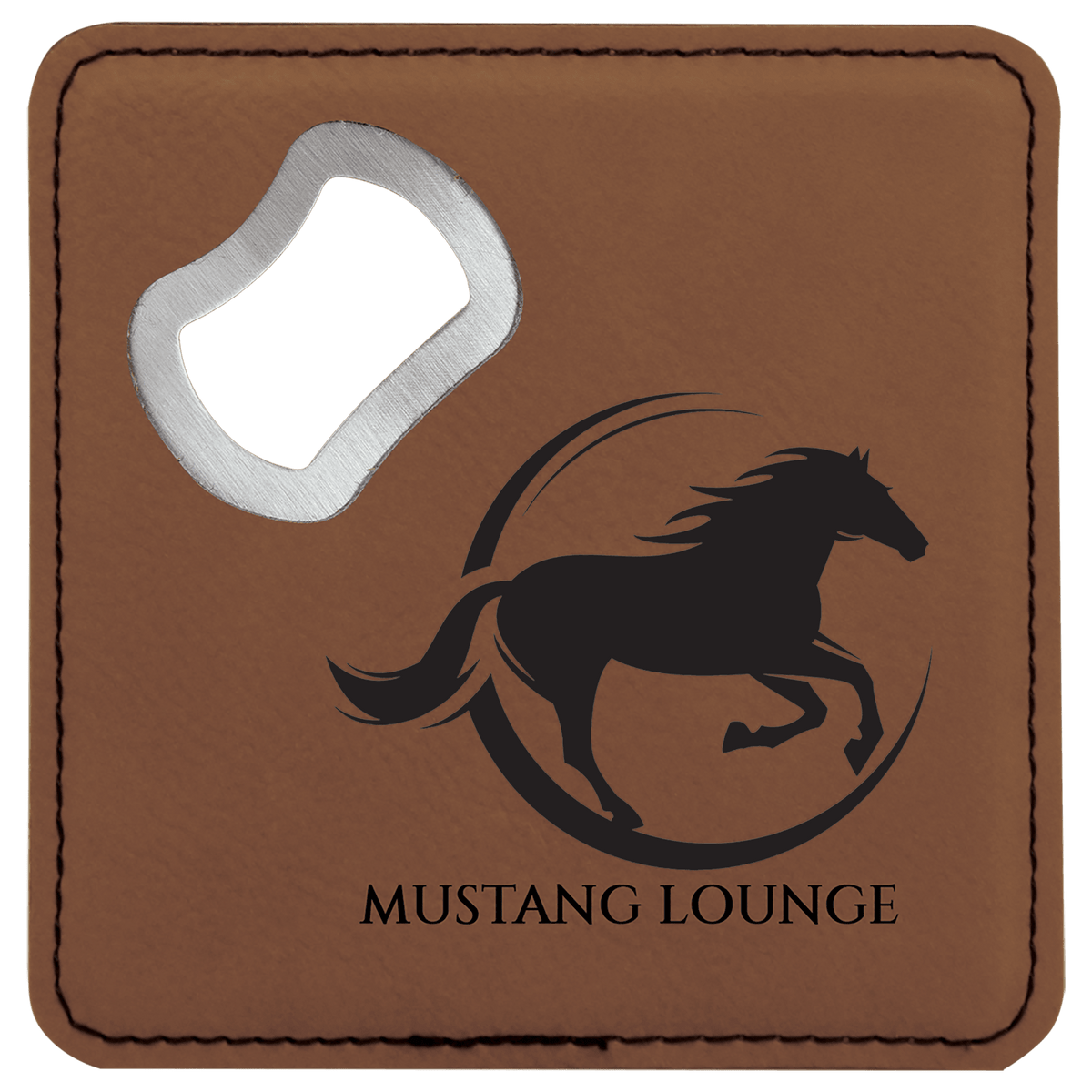 Dark brown square leatherette bottle opener coaster featuring an engraved horse silhouette with the text "MUSTANG LOUNGE" and an integrated silver-colored metal bottle opener