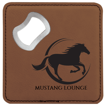 Dark brown square leatherette bottle opener coaster featuring an engraved horse silhouette with the text "MUSTANG LOUNGE" and an integrated silver-colored metal bottle opener