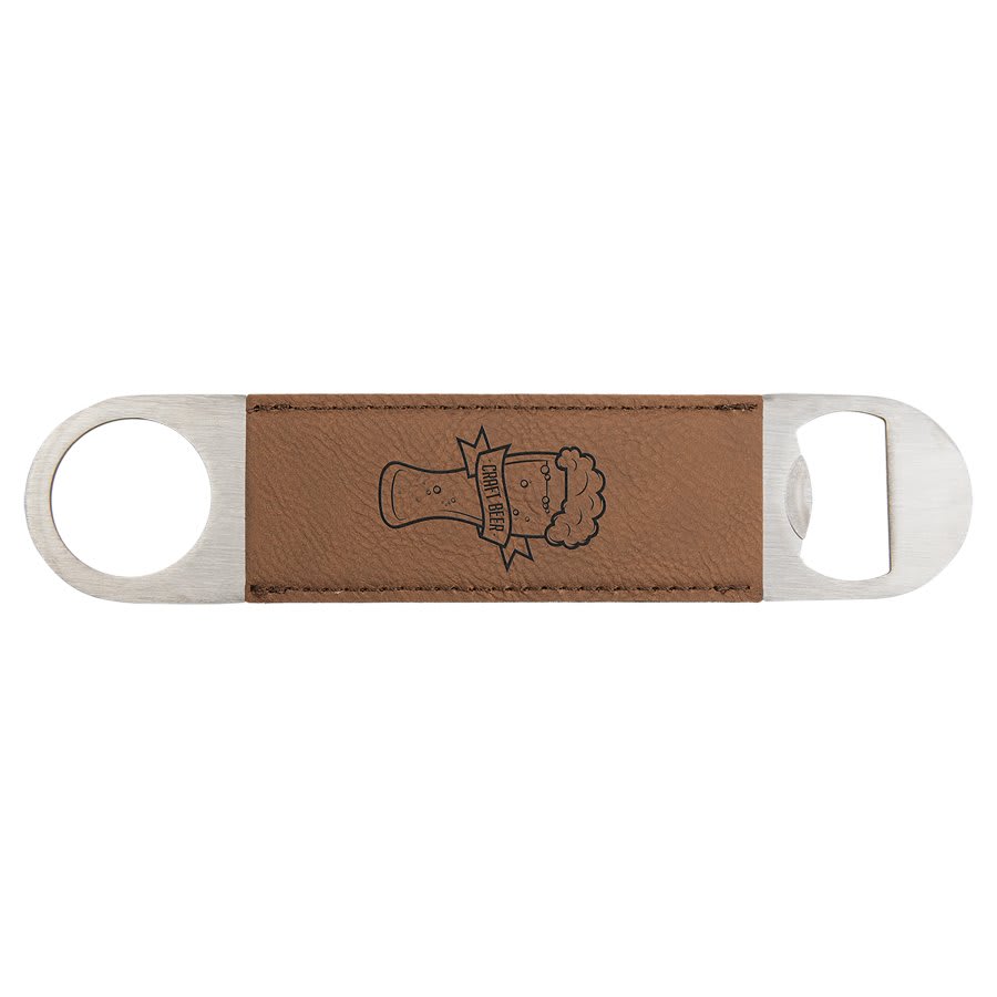Custom engraved dark brown leatherette speed opener with 'CRAFT BEER' text and bottle graphic on a white background