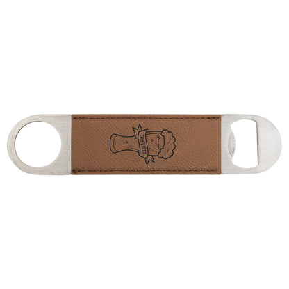 Custom engraved dark brown leatherette speed opener with 'CRAFT BEER' text and bottle graphic on a white background