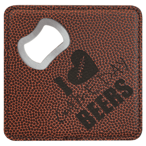 Brown football-textured leatherette coaster featuring a printed football grain design, an engraved heart design with the text "I LOVE GAME DAY BEERS", and an integrated silver-colored metal bottle opener