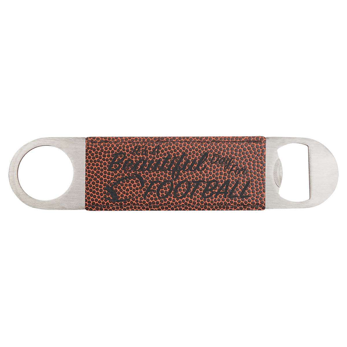 Custom engraved football-patterned leatherette speed opener with 'Beautiful Day Football' text on a transparent background