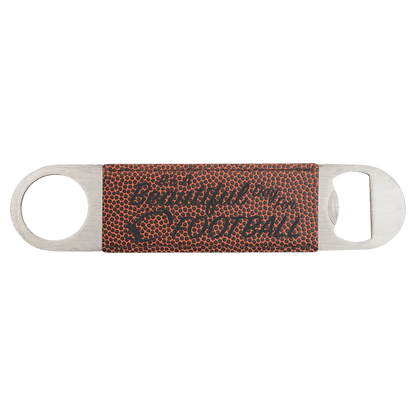 Custom engraved football-patterned leatherette speed opener with 'Beautiful Day Football' text on a transparent background