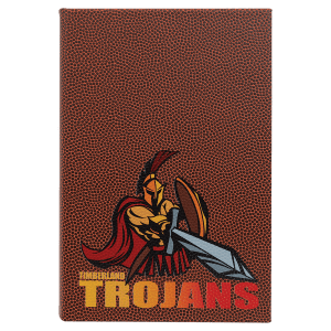 Custom laser-engraved Basketball printed leatherette journal featuring a trojan soldier brandishing a large sword with 'Timberland Trojans' underneath.