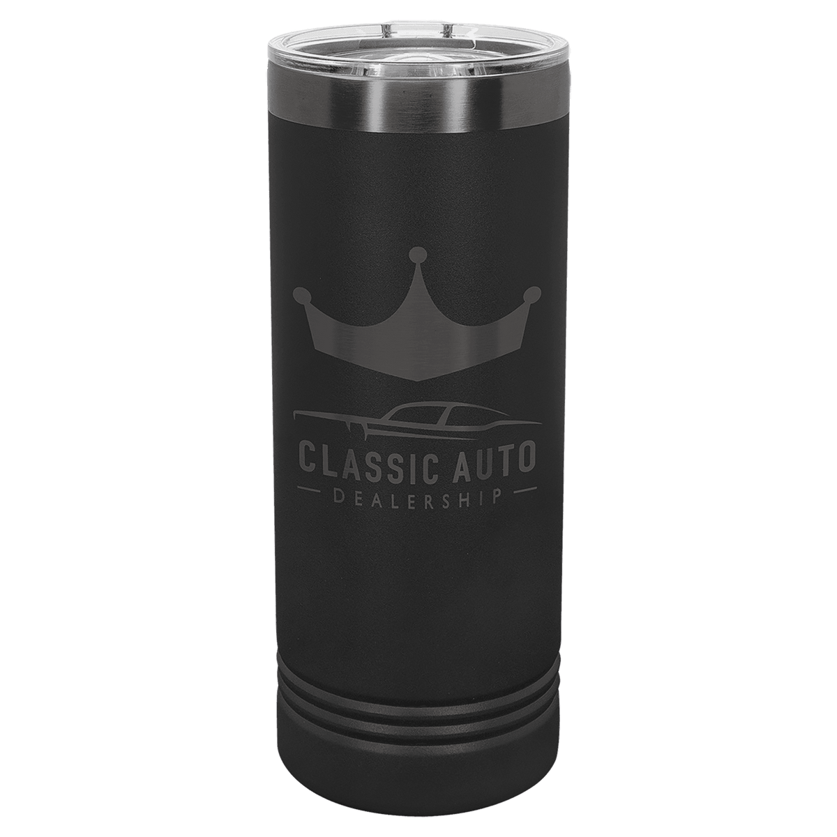 Black 22 oz ghost black skinny tumbler featuring a custom laser-engraved "Classic Auto Dealership" logo against a transparent background.
