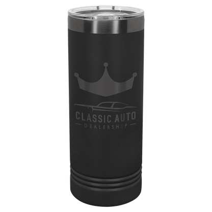 Black 22 oz ghost black skinny tumbler featuring a custom laser-engraved "Classic Auto Dealership" logo against a transparent background.