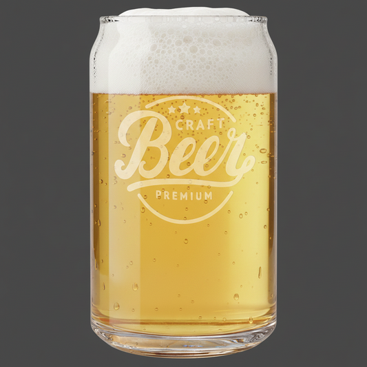 Clear glass can-shaped tumbler filled with beer and foam for custom laser engraving, with text "Craft Beer Premium" engraving.