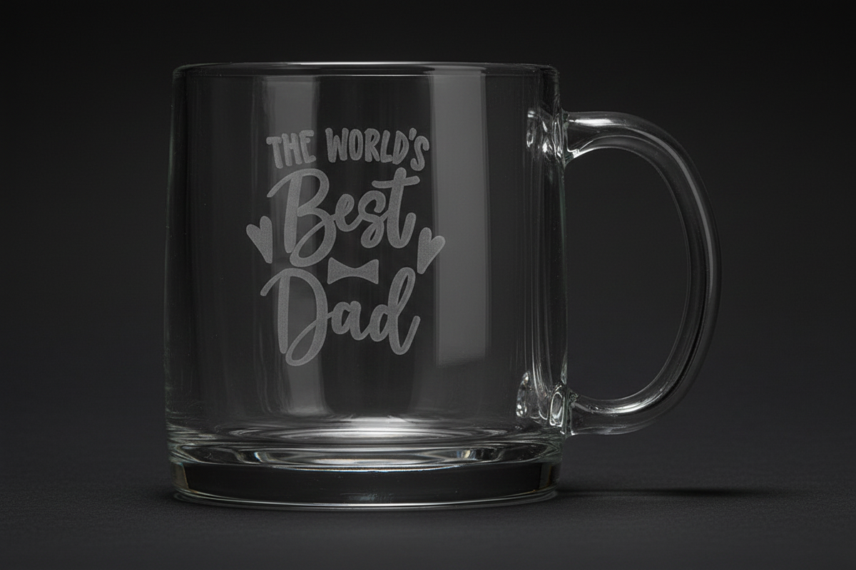 Custom laser-engraved 12.25 oz clear glass coffee mug with frosted tone-on-tone personalized design