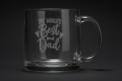 Custom laser-engraved 12.25 oz clear glass coffee mug with frosted tone-on-tone personalized design