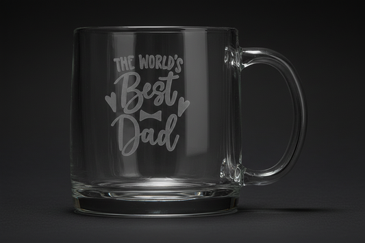 Custom laser-engraved 12.25 oz clear glass coffee mug with frosted tone-on-tone personalized design