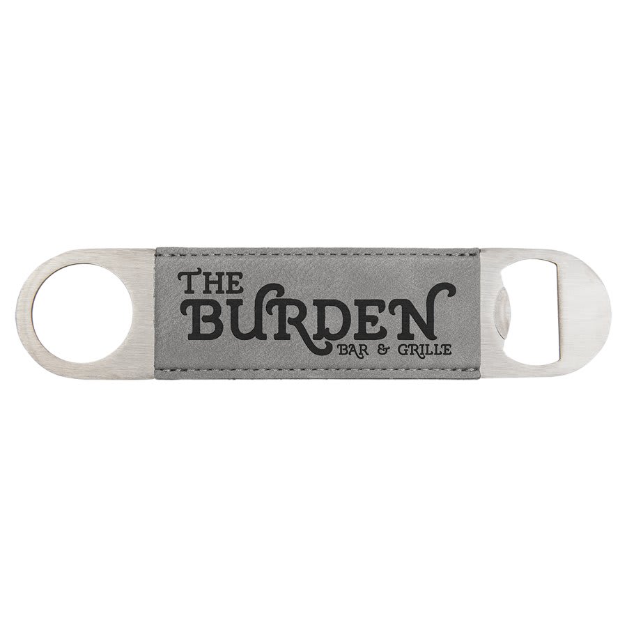 Custom engraved grey leatherette speed opener with 'The Burden Bar & Grille' branding on a white background