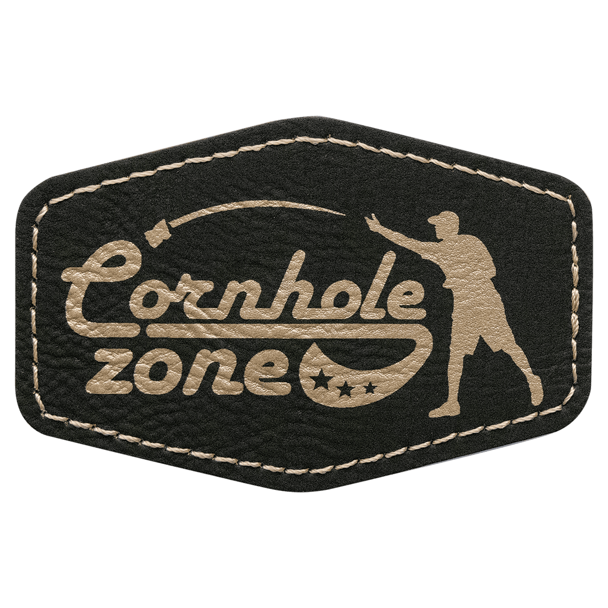 Black and gold patch with 'Cornhole Zone' text and silhouette of a person playing cornhole.