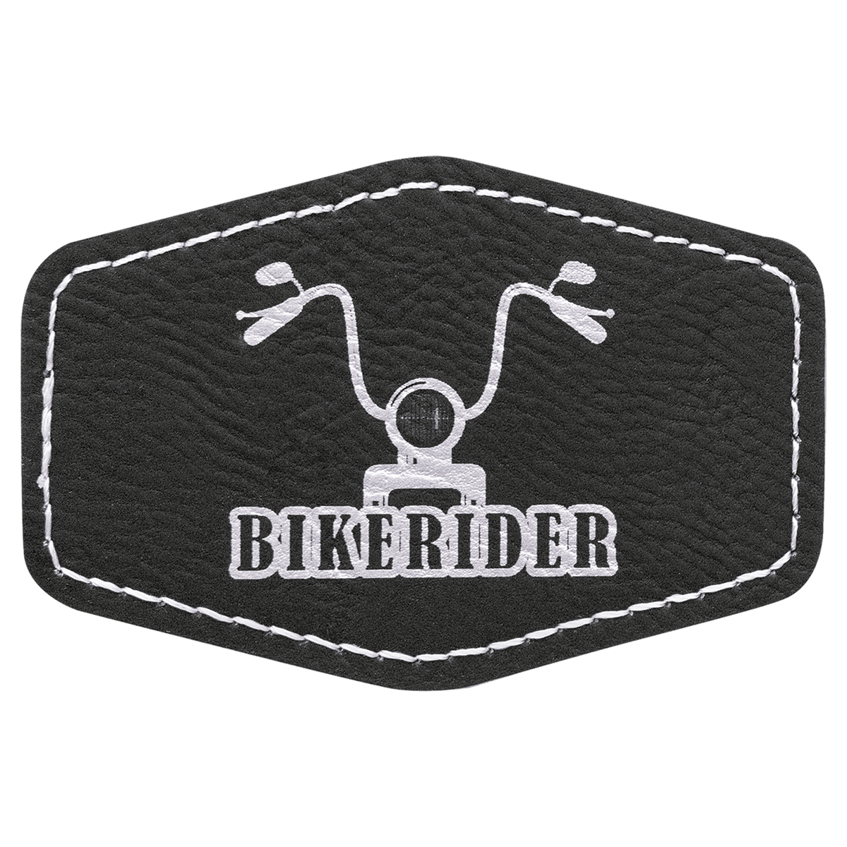 Black leatherette hexagon patch with stitched edges, featuring a motorcycle graphic and the text 'BIKERIDER'.
