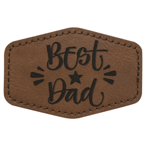 A dark brown leatherette hexagon patch with black stitched edges, featuring the text "Best Dad" in a mix of block and script lettering with star accents.