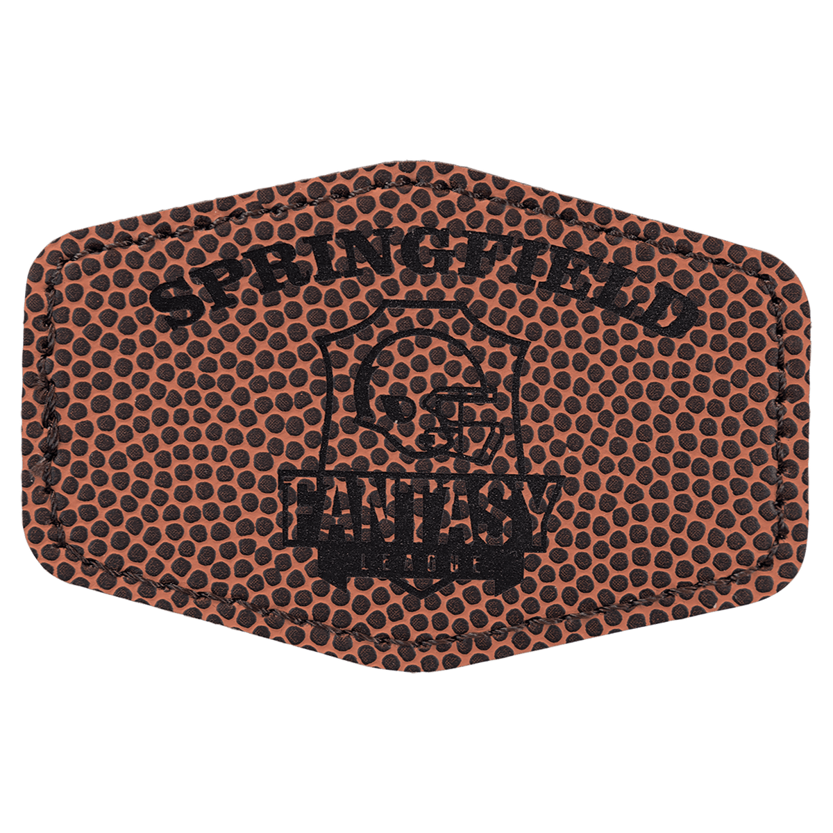 A brown football-textured leatherette hexagon patch with black stitched edges, featuring the text "SPRINGFIELD FANTASY LEAGUE" and a football helmet shield logo.
