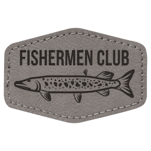 A gray leatherette hexagon patch with black stitched edges, featuring the text 'FISHERMEN CLUB' and a fish illustration.