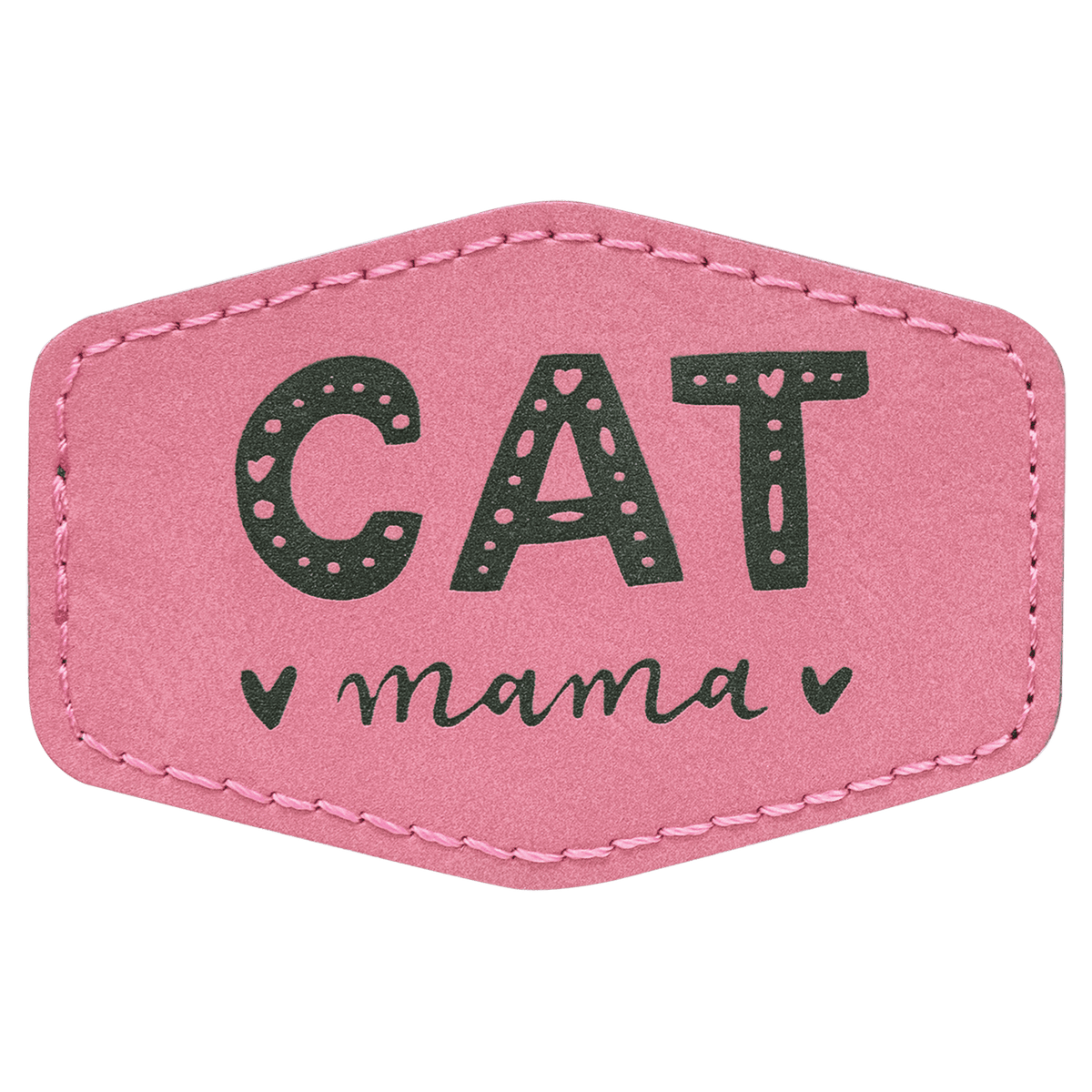 A pink leatherette hexagon patch with black stitched edges, featuring the text "CAT mama" with small heart accents in black.