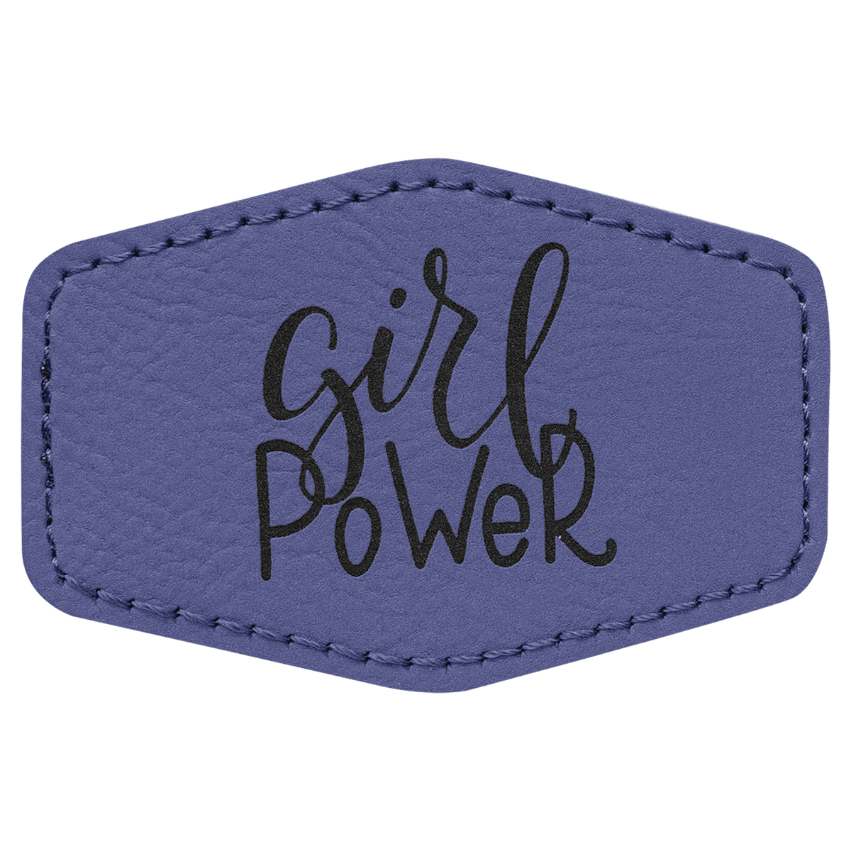 A purple leatherette hexagon patch with black stitched edges, featuring the text 'girl Power' in a playful, handwritten script style.