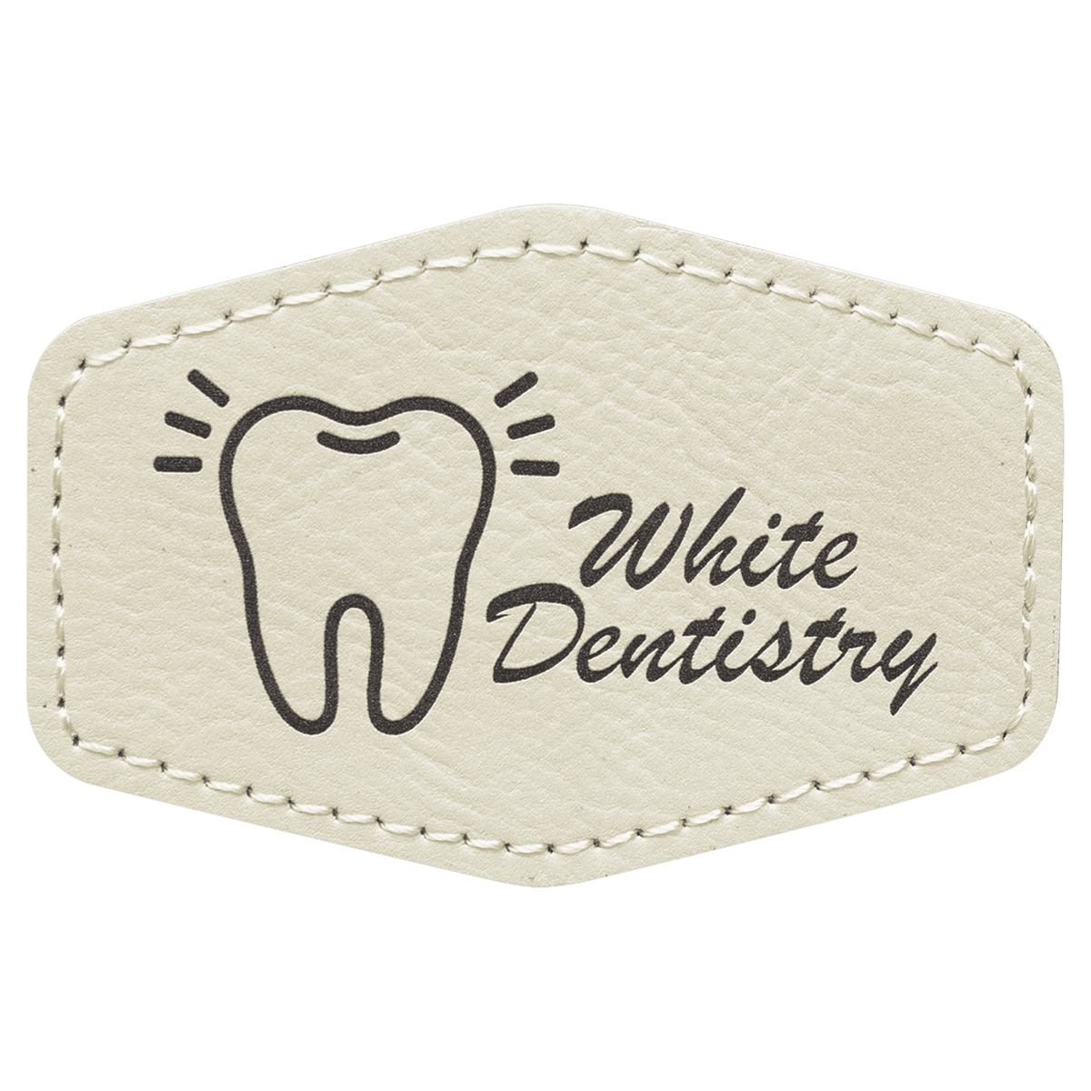 A white/beige leatherette hexagon patch with black stitched edges, featuring a black laser-engraved tooth illustration and the text 'White Dentistry'.