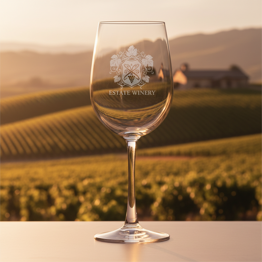 A clear, stemmed 16 oz Libbey wine glass featuring a personalized laser engraved Estate Winery logo, with a background of a winery orchard with a beautiful building in the back. A perfect gift for any wine lover.