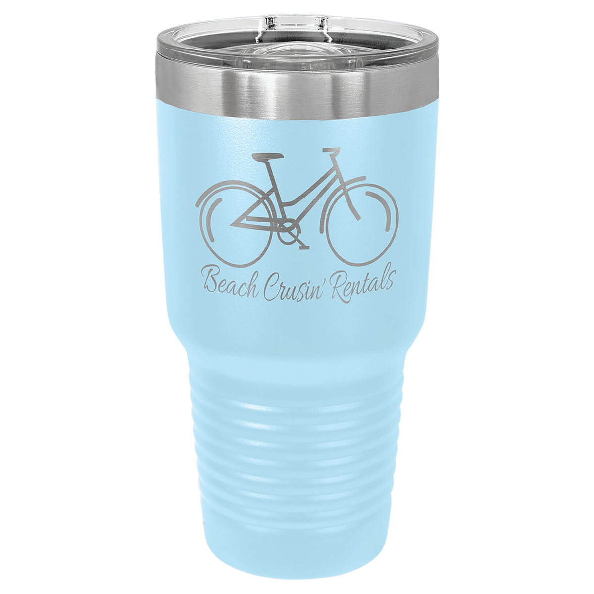 Custom laser-engraved 30 oz teal insulated tumbler featuring 'Beach Cruise Rentals' logo with a bicycle, shown on a transparent background.