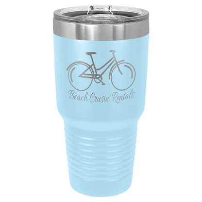 Custom laser-engraved 30 oz teal insulated tumbler featuring 'Beach Cruise Rentals' logo with a bicycle, shown on a transparent background.