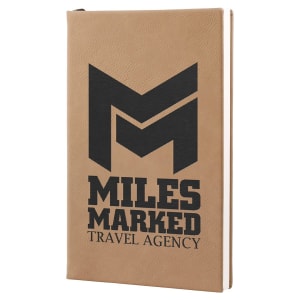 Custom laser-engraved Light Brown leatherette journal featuring an M logo with 'Miles Marked Travel Agency' for a professional, personalized look.