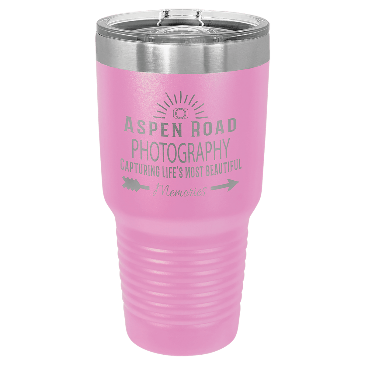 Custom laser-engraved 30 oz light purple insulated tumbler featuring 'Aspen Road Photography' logo, shown on a transparent background.