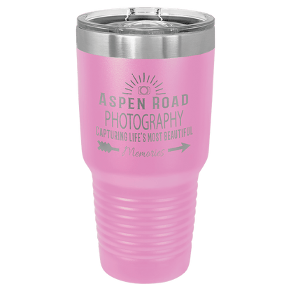 Custom laser-engraved 30 oz light purple insulated tumbler featuring 'Aspen Road Photography' logo, shown on a transparent background.