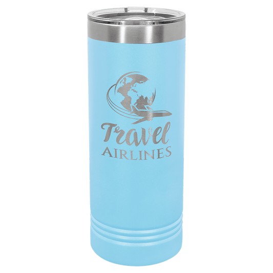 A light blue powder-coated 22 oz skinny tumbler featuring a laser-engraved globe and airplane graphic with the text 'Travel AIRLINES'.