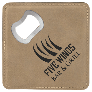 Light brown square leatherette bottle opener coaster featuring an engraved logo with the text "FIVE WINDS BAR & GRILL" and an integrated silver-colored metal bottle opener
