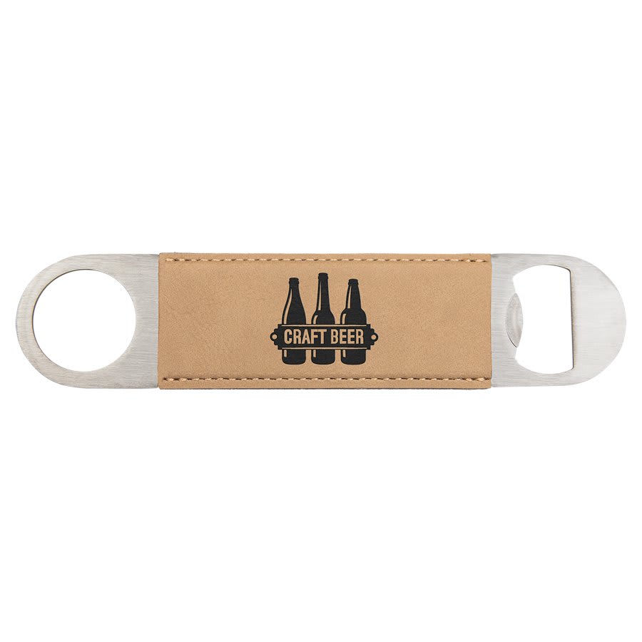 Custom engraved leatherette speed bottle opener in light brown with 'Craft Beer' text on a white background