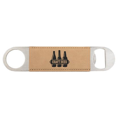 Custom engraved leatherette speed bottle opener in light brown with 'Craft Beer' text on a white background