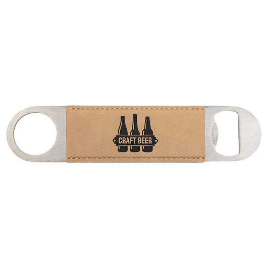 Custom engraved leatherette speed bottle opener in light brown with 'Craft Beer' text on a white background