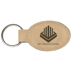 Brown leatherette keychain with a logo and text "Sky Productions" on a transparent background