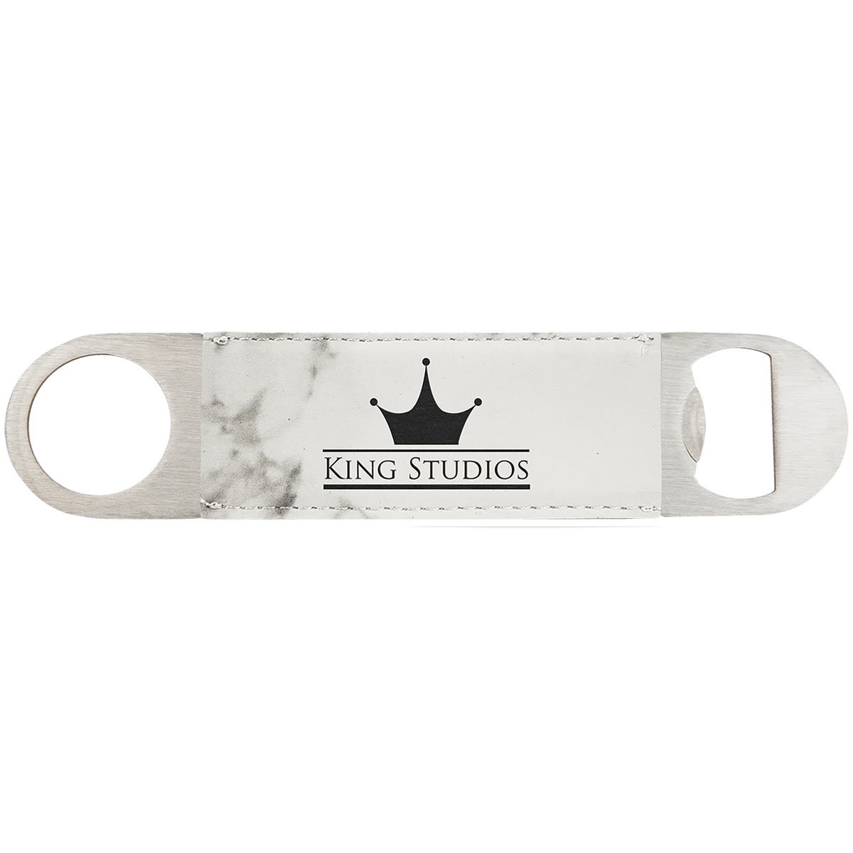 Custom engraved marble-patterned leatherette speed opener with 'King Studios' logo on a white background