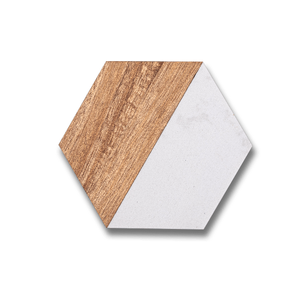 Blank hexagonal marble and acacia wood coaster set on a transparent background, ready for custom laser engraving.