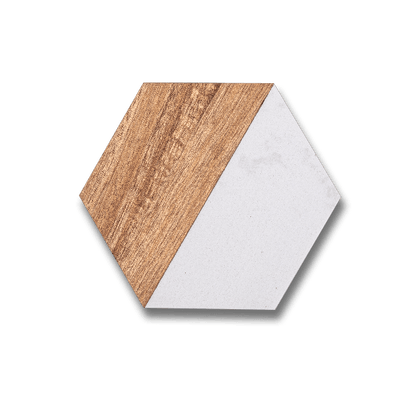 Blank hexagonal marble and acacia wood coaster set on a transparent background, ready for custom laser engraving.
