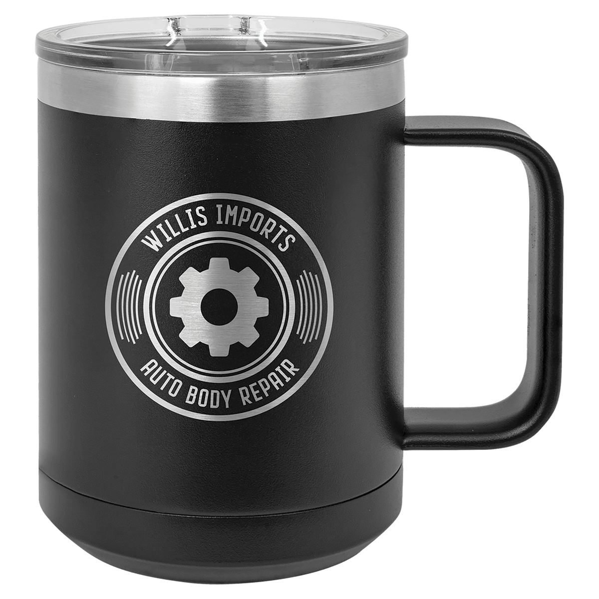 15 oz Polar Camel insulated mug in black, featuring a custom laser-engraved Willis Imports Auto Body Repair logo that reveals the stainless steel beneath, displayed on a white background.