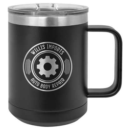 15 oz Polar Camel insulated mug in black, featuring a custom laser-engraved Willis Imports Auto Body Repair logo that reveals the stainless steel beneath, displayed on a white background.