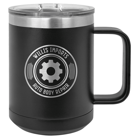 15 oz Polar Camel insulated mug in black, featuring a custom laser-engraved Willis Imports Auto Body Repair logo that reveals the stainless steel beneath, displayed on a white background.