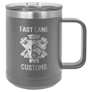 15 oz Polar Camel insulated mug in dark grey, featuring a custom laser-engraved Fast Lane Customs logo that reveals the stainless steel beneath, displayed on a white background.