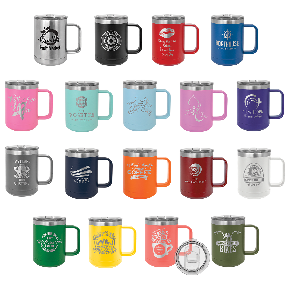 A collection of 15 oz Polar Camel insulated mugs in 18 different colors, each featuring a unique custom laser-engraved logo or design, displayed on a white background.