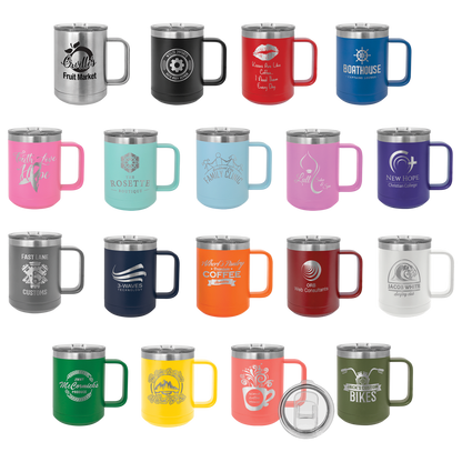 A collection of 15 oz Polar Camel insulated mugs in 18 different colors, each featuring a unique custom laser-engraved logo or design, displayed on a white background.