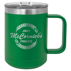 15 oz Polar Camel insulated mug in green, featuring a custom laser-engraved Jimmy McCormick's Produce logo that reveals the stainless steel beneath, displayed on a white background.